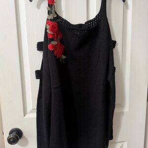 Black Women's Sleeveless Dress with Red Rose Embroidery
